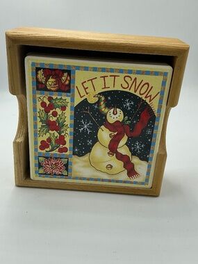 Christmas Snowman Coaster Set of 4 Let It Snow Wooden Holder Holiday Decor